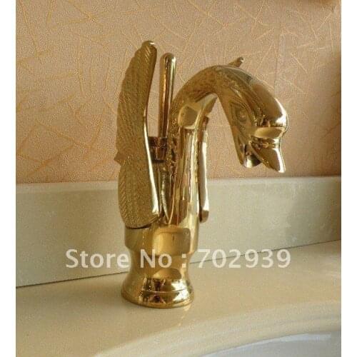 EMS Free shipping Gold finish PVD bathroom basin sink swan mixer faucet single hole