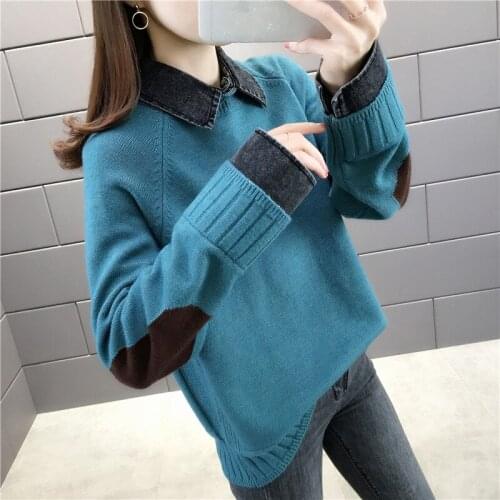 2020 New Autumn Winter Fake Two Knitted Pullover Sweater Women Fashion Shirt Denim Collar Loose Jumper Ladies Tops Sueter Mujer