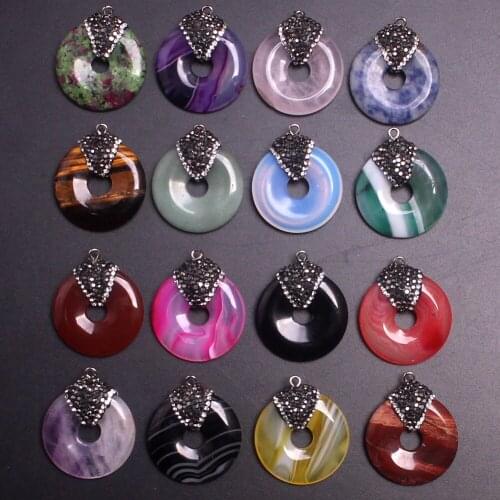 Wholesale 50pcs/lot Rhinestone Natural Stone Agates Peace Donuts Charms Healing Reiki Pendants for Jewelry Making Free Shipping