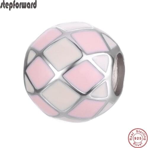 Popular Pink White Design Round Charms Handmade 100% 925 Sterling Silver Grid Pattern Ball Charm Bracelet Bangle Jewelry Making