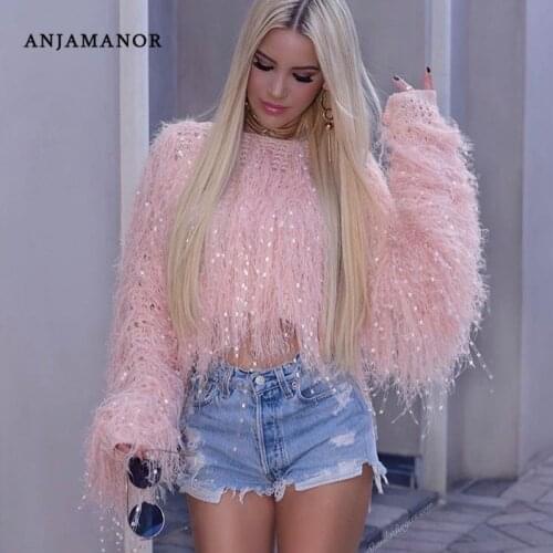 ANJAMANOR Neon Fringe Female Crop Oversized Sweater Knitted Pullover Fashion Clothes Women Winter Tops Tassel Jumper D48-AI33