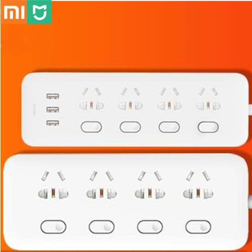 In Stock Xiaomi Mijia Power Strip 4 Sockets 4 Individual control Switches 5V/2.1A 3 USB port Extension Sockets Charger 2m cable