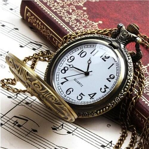 Unisex Antique Case Vintage Brass Rib Chain Train Pattern Clock Quartz Pocket Watch