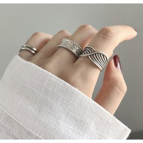 VENTFILLE 925 Sterling Silver Retro Multi-line Mesh Multi-layer Wave Pattern Cross Ring