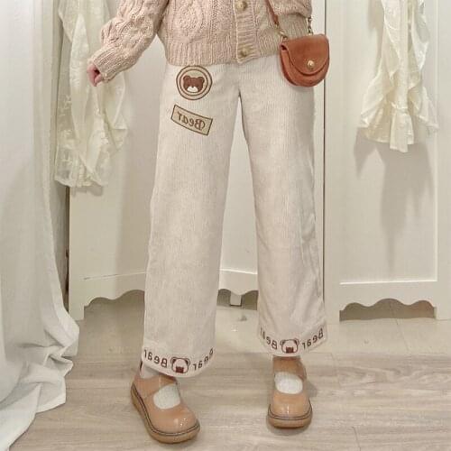 Spring And Autumn Female Students Sweet Lovely Loose Bear Corduroy Casual Lolita Pants Anime Cosplay Kawaii Cute Girls