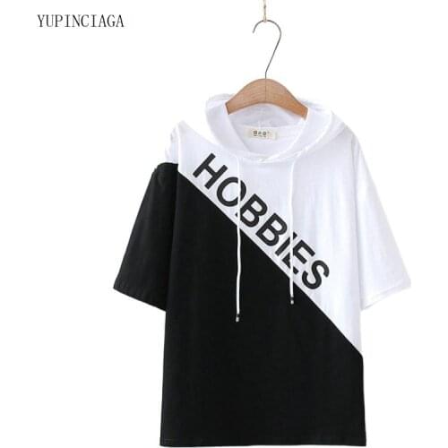 Letter Print Hooded Sweatshirt Women Short Sleeve 2021 Summer Thin Patchwork Color Matching Cotton Hoodies Female 2115400
