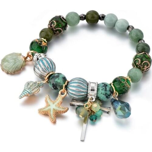 Bohemian Wave Green Shell Starfish Conch Bracelet for Women Natural Stone Charm Beaded Bracelets Shell Ocean Beach Series W4702