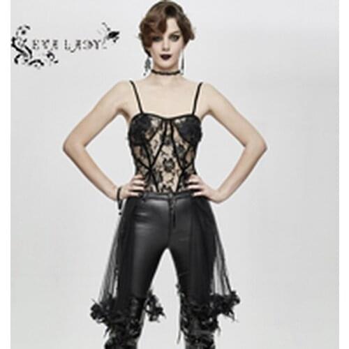 EVA LADY Womens Gothic Tight Strap Camis Slim Fit Backeless Sexy Transparent Stage Performance Lace Vest