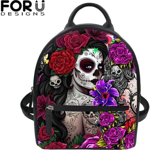 FORUDESIGNS Gothic Style Women Small Backpack Sugar Skull Girls With Rose Flower Print Daily Casual Pu Leather Shoulder Mochila