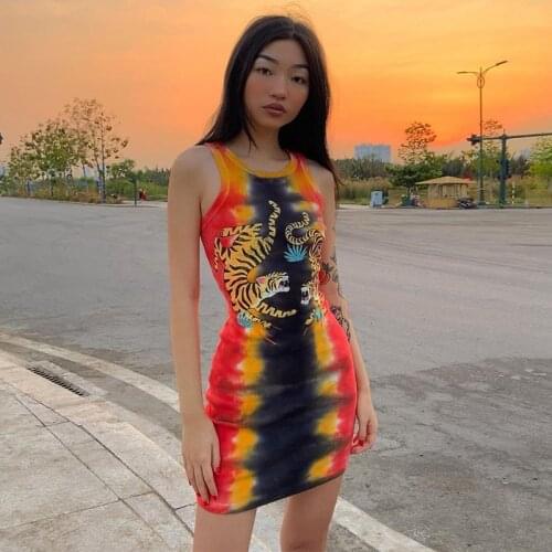 HAWTHAW 2020 fashion women summer clothes tiger printed sleeveless party bodycon mini short slim one piece dresses sundress