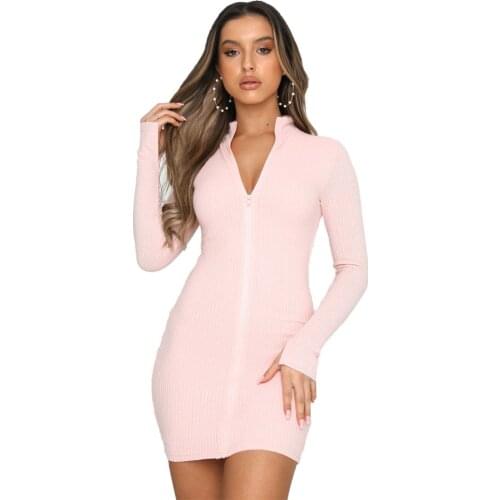 New European and American Summer Pink High Collar Zipper Long Sleeve Tight Mini Short Dress