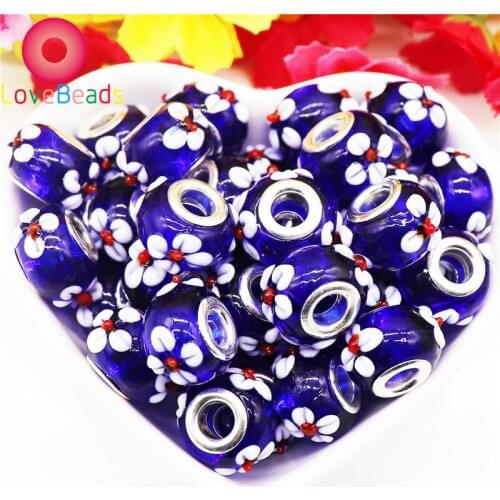 10 Pcs Big Hole European Round Flower Charms Color Lamowork Glass Beads Fit Pandora Bracelet Bangle Chain Spacer Jewelry Making