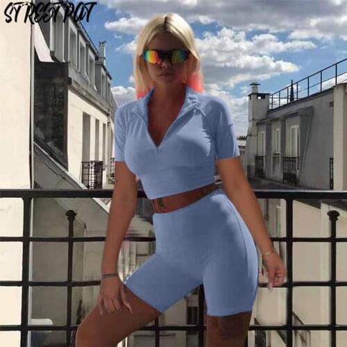 Solid 2 Two Piece Set Women Tracksuit 2021 Summer Zip Crop Top+Biker Shorts Outfits Elastic Casual Sport Femme Streetwear
