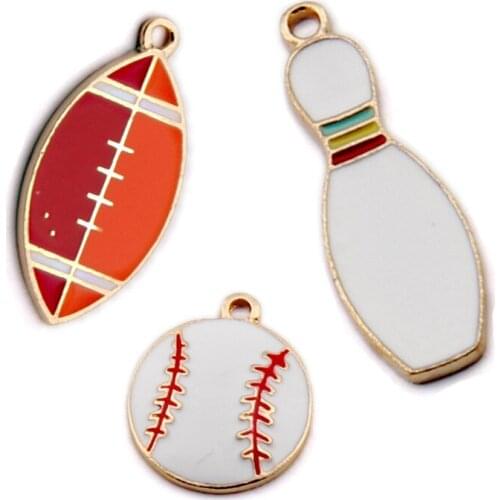 5PCS Sports Man Jewelry Enamel Rogby Bowling Baseball Sport Charms Alloy Necklace Pendants Earrings Jewelry Making Accessory New