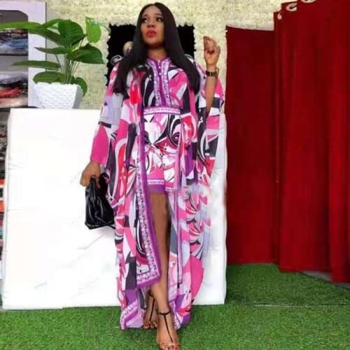 African Clothes Women 2 Piece Shorts Sets Cardigan Robes Long Tops Summer Dashiki Print Chiffon Beach Bazin African Shorts Suits