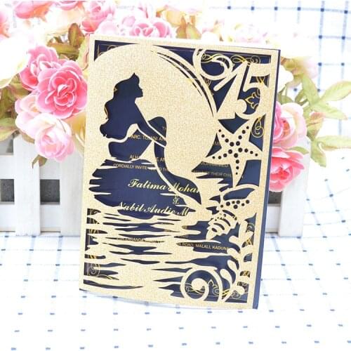 15 years birthday quinceanera glitter paper laser cut mermaid invitations