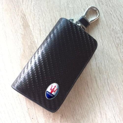 Black Carbon Fiber Leather Bag Car Key Case Cover Wallets Fashion Women Man Housekeeper Holders Carteira For Maserat