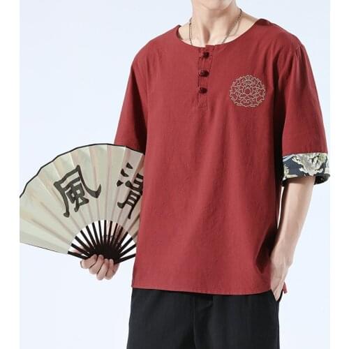 Summer Chinese Style Mens Thin Lotus Embroidered Crewneck Hooded T-shirt Splicing Disc Button Five-point Sleeve Loose T-shirt