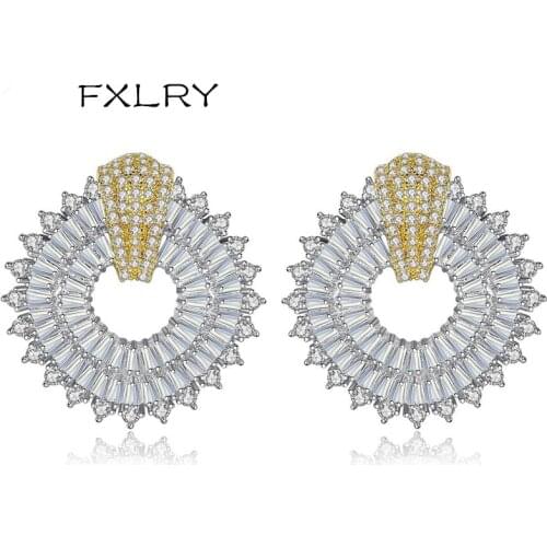 FXLRY Creative Jewelry White Color Micro Paved Zircon Geometric Shape Stud Earrings For Women Bridal Dinner Accessories