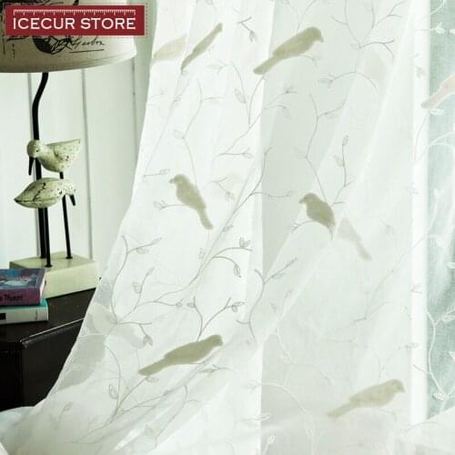 ICECUR Small Birds Thick Embroidered Voile Tulle Curtains for Kids Bedroom Living Room White Sheer Tulle Drapes Lovely Stely