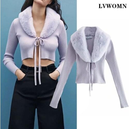 LVWOMN Za Women Cardigan 2021 Splicing Faux Fur Knitted Cardigan Sweater Vintage With Tied Female Long Sleeve Outerwear Chic Top