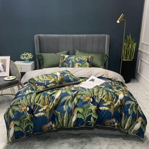 Green Leaves Bedding Set Luxury Egyptian Cotton Bedding Set Queen King Bright Flamingo Leaf Duvet Cover Bed Sheet Set Fitted