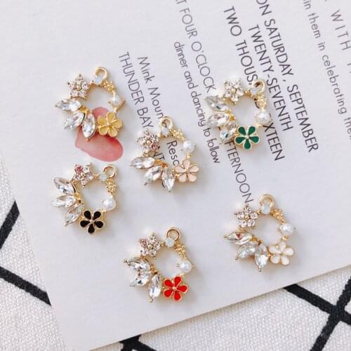 Crystal Rhinestone Paved Alloy Enamel Flower Floral Circle Earring Charms Ornament Accessories DIY Jewelry Pendant 20pcs 19*17mm