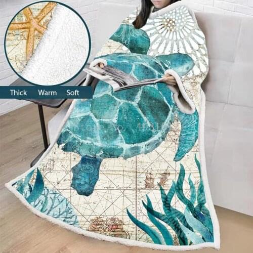 Boys and Girls Lazy Blanket for Adults and Kids 3D Digital Print Underwater world sea turtle Fleece Thick Blanket With Sleeves