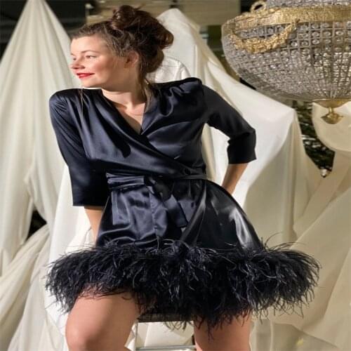 Hot Sale Feather Wedding Sleepwear With Belt Soft Silk Satin Short Night Gown For Women Long Sleeves Custom Made Woman Pajamas