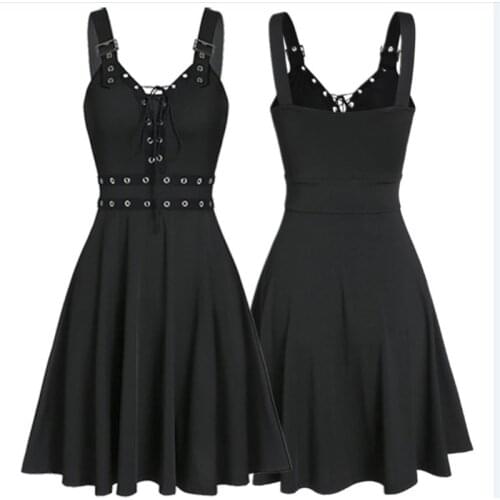 Women Mini Dresses Gothic Black Sexy Deep V Neck 2021 Fall Punk Sleeveless Rivet Fashion Tunic Hip Hop Bandage Female Dress