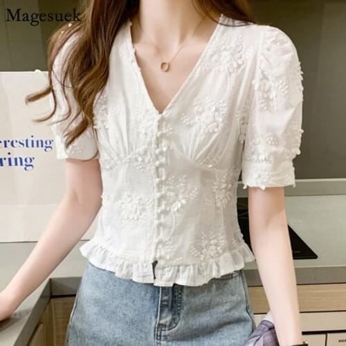 Fashion Summer Lace Shirt Top Women Casual Embroidered Floral White Blouse Femme V-neck Puff Sleeve Elegant Women Blouses 9778