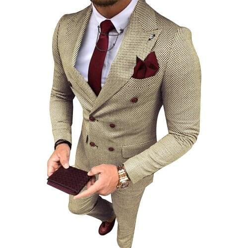 Mens Slim Fit Suit Khaki Formal 2 Pieces Double Breasted Plaid Wool Tweed Prom Tuxedos For Wedding Groomsmen (Blazer+Pants)