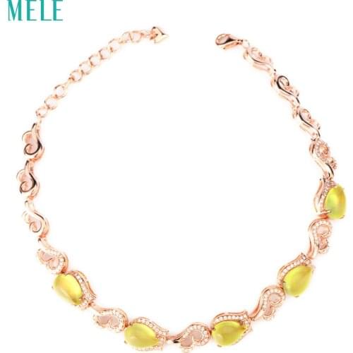 Natural green and yellow prehnite silver bracelet, pears 6mm*9mm, 230mm long, flower shape and top quality , for elegant ladies