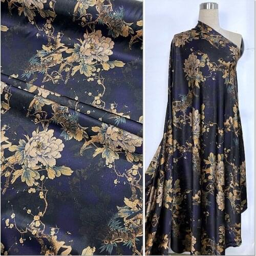 Mulberry Silk Fabric Cheongsam Dress Stretch Satin Inkjet Turtle Crack Quiet Purple Peony