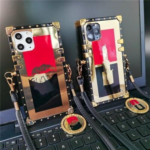 Luxury Gold Vintage Square Cover Lanyard Cord Strap Sexy Lipstick Red Lips Case for LG Stylo 5 7 4 Stylo5 Stylo6 K51 K61 Stylo 6