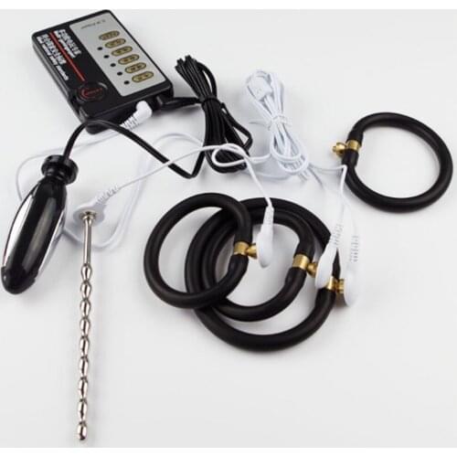 Urethral Penis Plug Electro Shock Sounding Stretcher Dilator Stainless Steel With Anal Plug E-Stim Cock Ring Electric Sex Toys