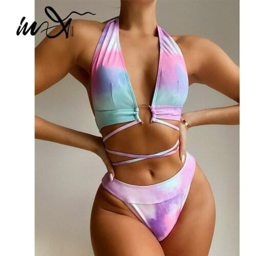 In-X Tie dye bikini 2021 Halter swimsuit womens swimming suit Bandage swimwear women Ring bathing suit Sexy biquini swim suit