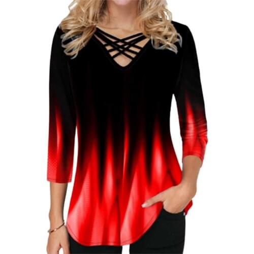 Women T-shirt Gradient Color 3/4 Sleeve Ladies 3D Print V Neck Bandage T-shirt Streetwear Womens Clothing футболка оверсайз
