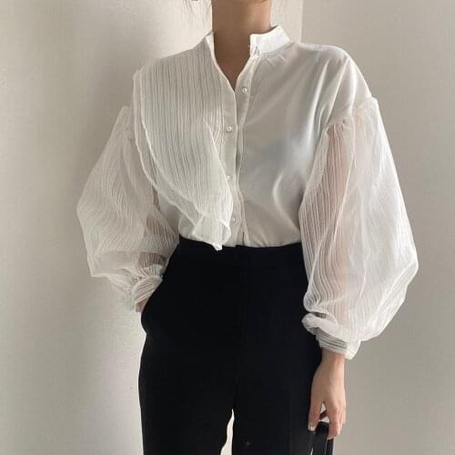 Lantern Sleeve Elegant Shirt Blouse White Black Sexy Button Vintage Turn Down Collar Office Ladies Shirt Female Casual