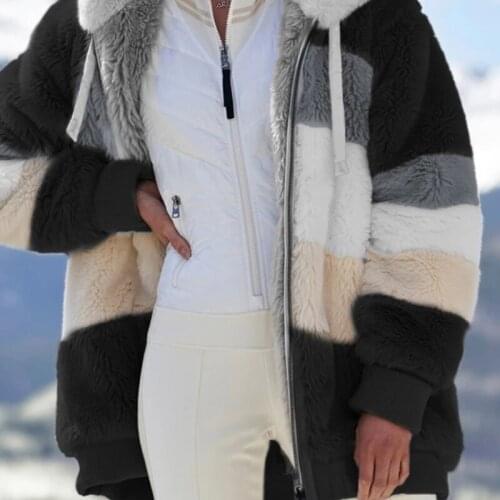 Women Winter Thicken Fuzzy Plush Warm Hoodie Jacket Long Sleeve Shaggy Oversized Loose Coat Color Block Striped Zip Up with