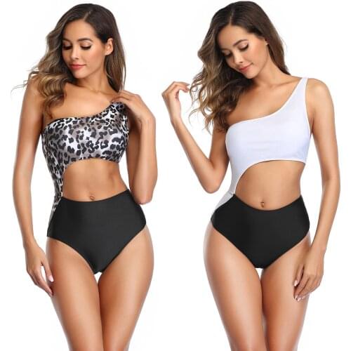 Leopard Print One Piece Bikini Womens Sexy One Shoulder Open Back Bikini Swimsuit High Waiste Swimsuit Bathing Beachwear Suit