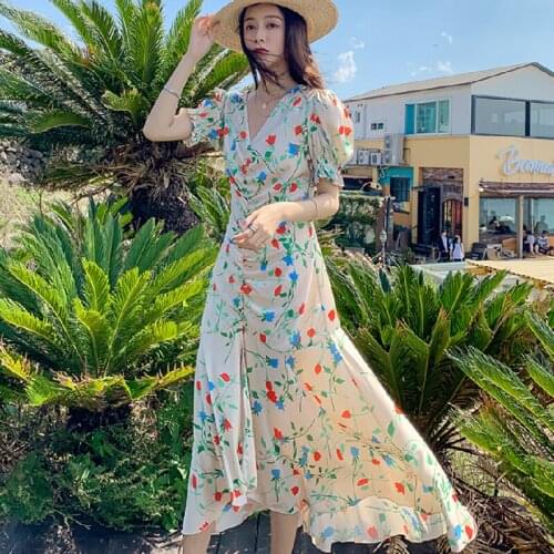 Summer 2021 Runway Vintage Korean Party Dress Elegant Boho Tropical Beach Vacation Satin Dresses Women Long Floral Satin Dress