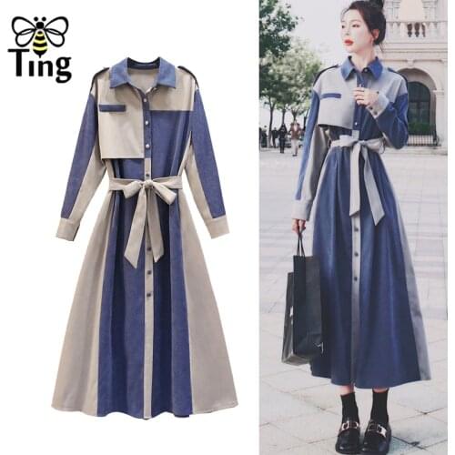 Tingfly Vintage Casual Single Breasted Women Long Shirt Dress Designer Color Blocks Street Fashion Dress with Sashes Haut Robes