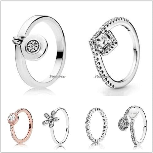 Authentic 925 Sterling Silver Square Sparkle Wishbone With Crystal Rings For Women Wedding Party Gift Europe Pandora Jewelry