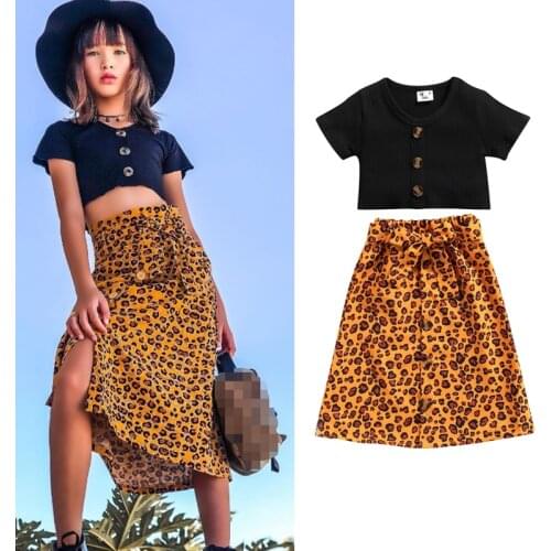 1-6Years Kids Baby Girls Clothes Set 2021 Summer Short Sleeve Single-breasted Cropped Tee Tops + Leopard Skirts Bohemian Outfits