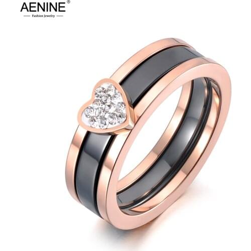 AENINE Titanium Stainless Steel Ceramic Crystal 2 In 1 Heart Wedding Ring Trendy Anniversary Rings Jewelry For Women AR19100