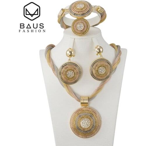 BAUS African Bridal Jewelry Set for Fashion Women Gold-color Crystal three-colour big Necklace Earrings set Wedding Gift
