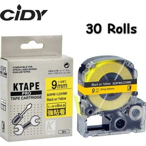 CIDY 30Pcs SC9YW/LC3YBW9 LC-3YBW Compatible For Epson/KingJim LW-300 LW-400 Black on Yellow 9mm adhesive SS9KW label tapes