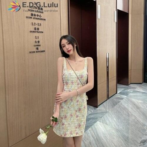 EDGLuLu Summer 2021 Square Neck Sleeveless Spaghetti Strap Dress Boho Yellow Floral Party Beach Short Mini Dress Sundress 0531