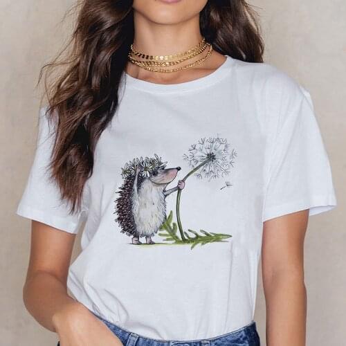 FIXSYS New T-shirt Female Hedgehog with Dandelion Women Tshirt Summer Fashion Tee shirt Easy Matching Round Neck Girls T-shirts